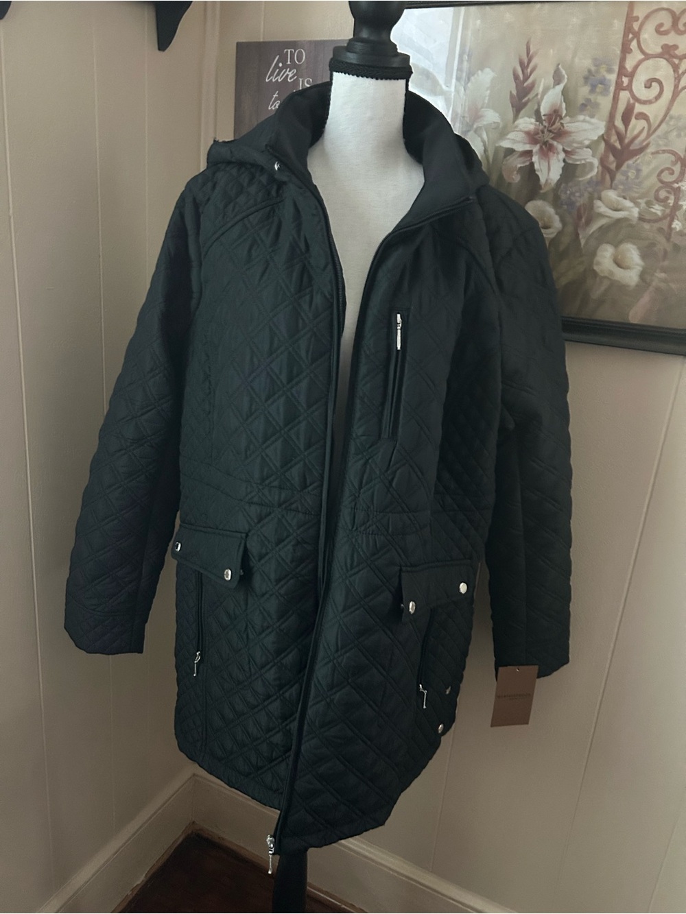 Weatherproof Black Quilted Hooded Coat size XL